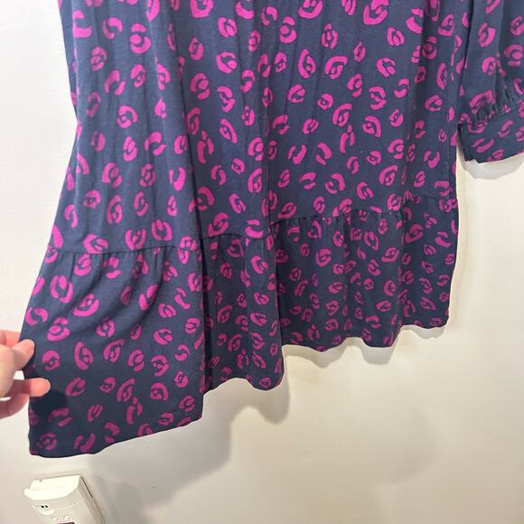LOFT Long Sleeve Knee Length Swing Dress Medium Navy Pink Animal Print Ruffle - Picture 5 of 8